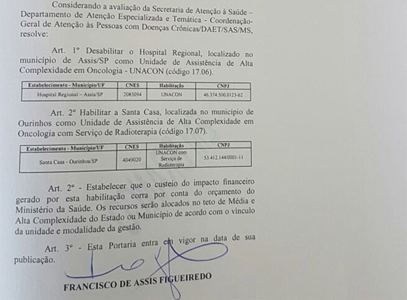 Documento  mostra descredenciamento da oncologia de Assis