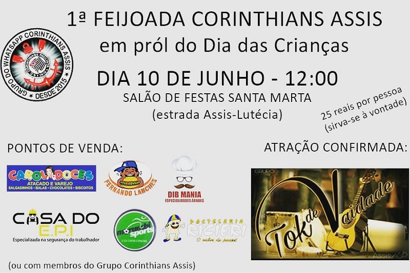 Grupo Corinthians Assis realiza Feijoada Beneficente neste domingo, 10